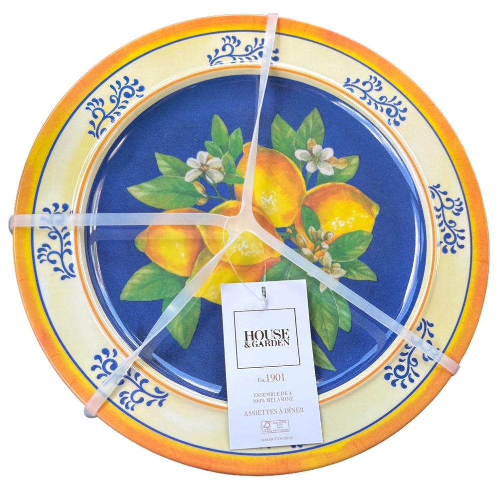 HOUSE & GARDEN NWT 4pc 100% melamine Italian lemon dinner plates -11”